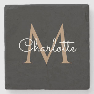 Posavasos De Piedra Oro Negro Monograma Elegante Escritura Femenina