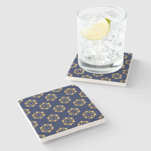 Posavasos De Piedra Oro nocturno: Patrón geométrico de lujo sobre azul