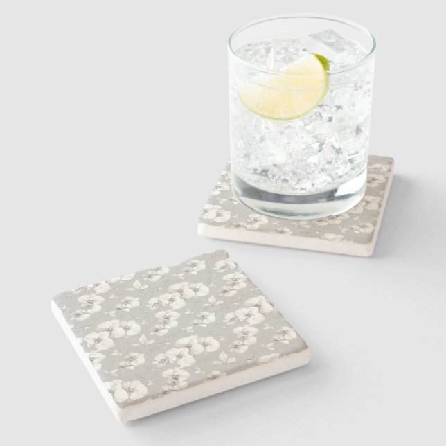Posavasos De Piedra Orquídea blanca acuarela sobre gris | (Lateral)
