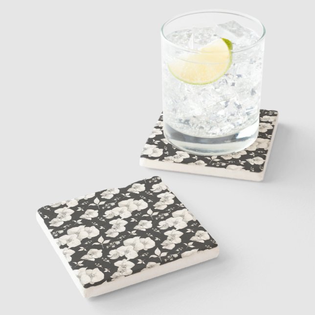 Posavasos De Piedra Orquídea blanca acuarela sobre negro | (Lateral)
