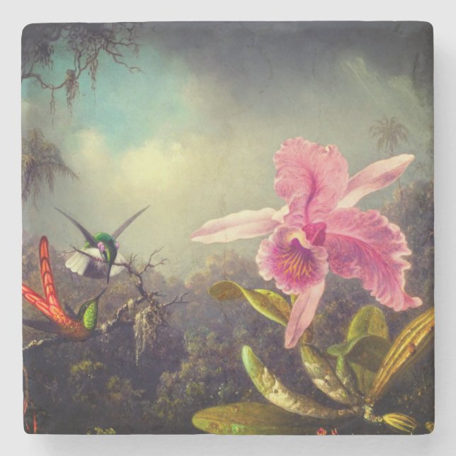 Posavasos De Piedra Orquídea con dos Hummingbirds Heade (Anverso)