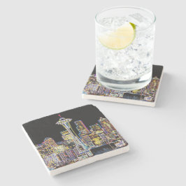 Posavasos De Piedra Oscuro sea la noche - Luminoso Skyline Seattle