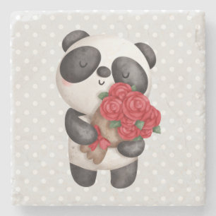 Posavasos De Piedra Oso de Panda con Rose Bouquet