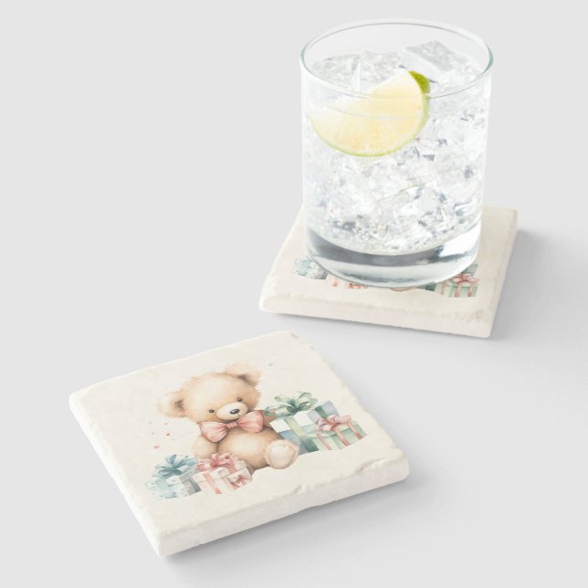 Posavasos De Piedra Oso de peluche con regalo de Navidad (Lateral)