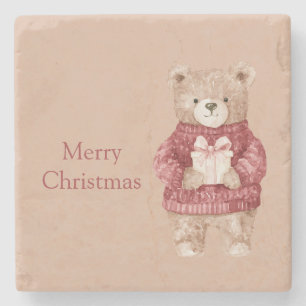 Posavasos De Piedra Oso de peluche suéter rojo Navidad