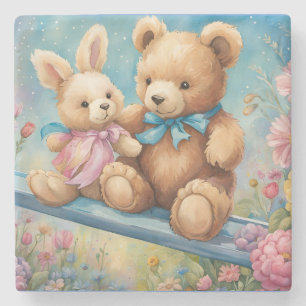 Posavasos De Piedra Oso de peluche y conejito sentados en el jardín