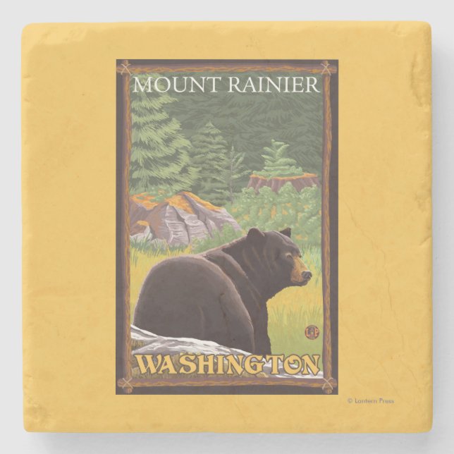Posavasos De Piedra Oso negro en el bosque - el Monte Rainier, (Anverso)