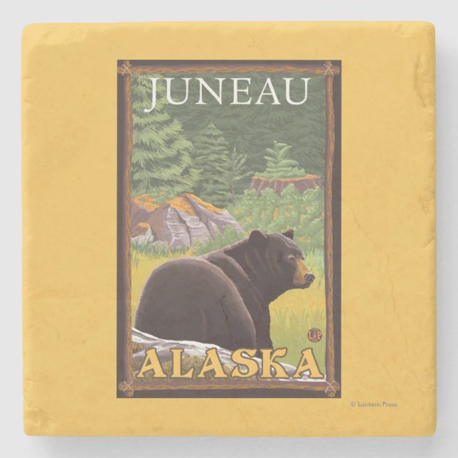 Posavasos De Piedra Oso negro en el bosque - Juneau, Alaska (Anverso)