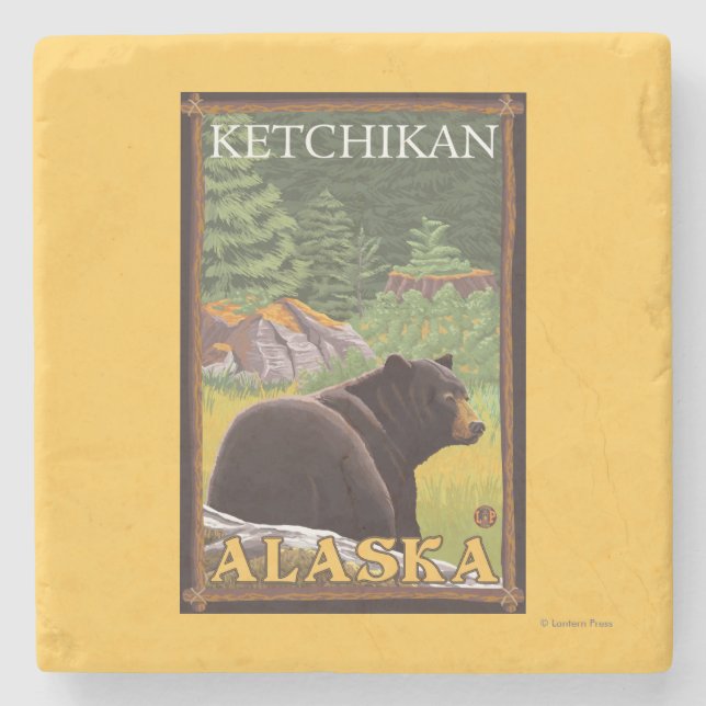 Posavasos De Piedra Oso Negro en el bosque - Ketchikan, Alaska (Anverso)