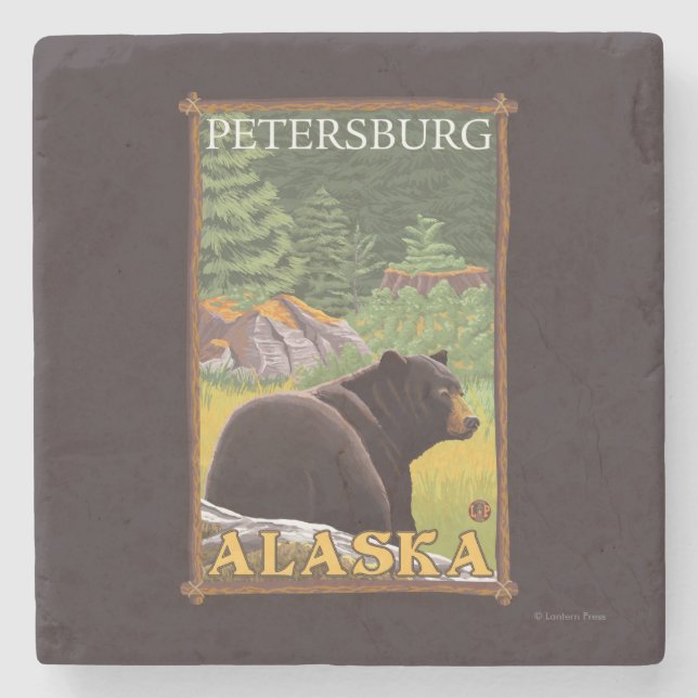 Posavasos De Piedra Oso negro en el bosque - Petersburgo, Alaska (Anverso)