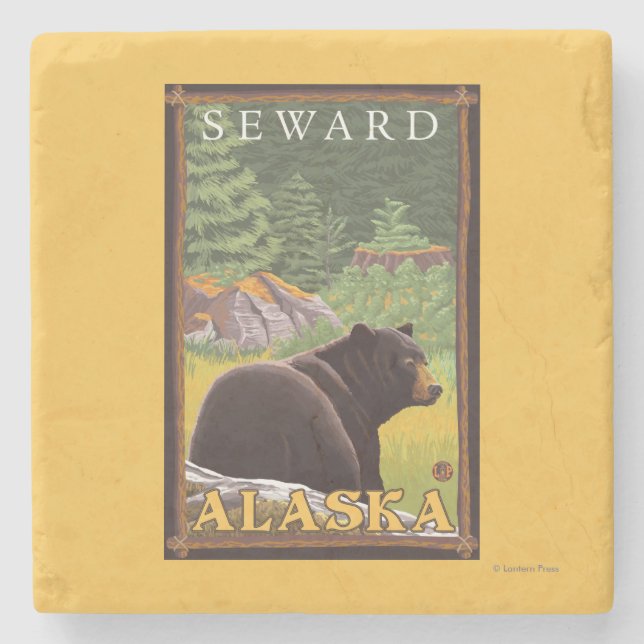 Posavasos De Piedra Oso negro en el bosque - Seward, Alaska (Anverso)