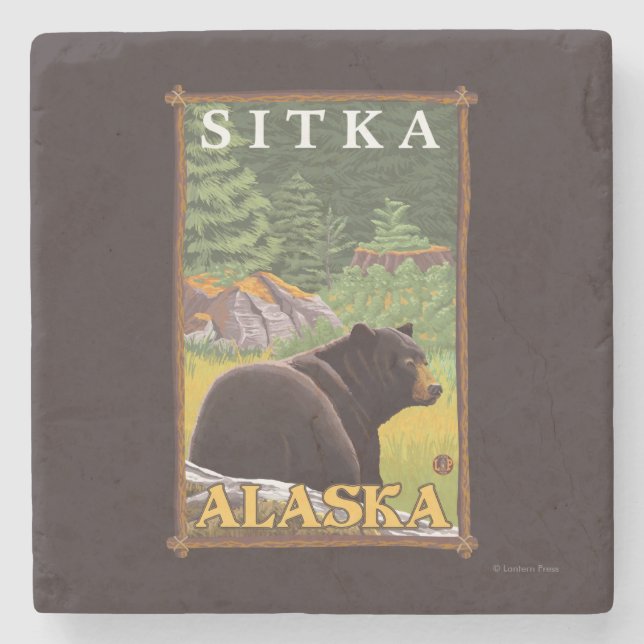 Posavasos De Piedra Oso negro en el bosque - Sitka, Alaska (Anverso)