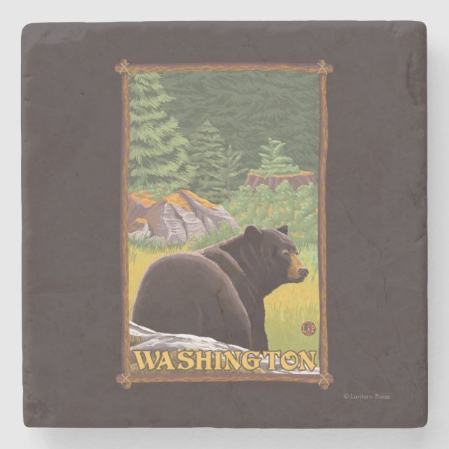 Posavasos De Piedra Oso Negro en el bosque - Washington (Anverso)
