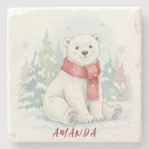 Posavasos De Piedra Oso polar en acuarela de invierno adorable