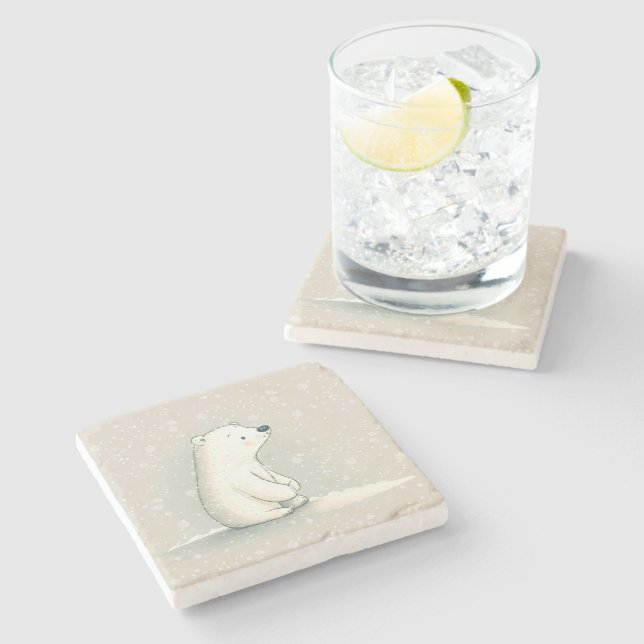 Posavasos De Piedra Oso Polar En Copos De Nieve (Lateral)