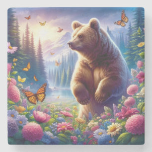 Posavasos De Piedra Oso y mariposas alegres y coloridos