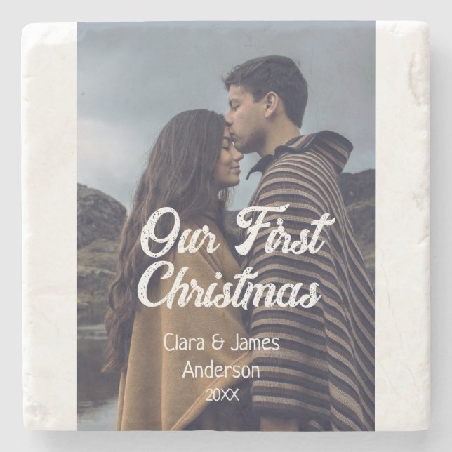 Posavasos De Piedra Our first Christmas couple photo name white gray (Anverso)