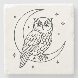 Posavasos De Piedra  Owl on Crescent Moon with Stars Line Art