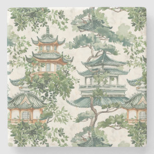 Posavasos De Piedra Pagoda asiática acuarela en paisaje verde (10)