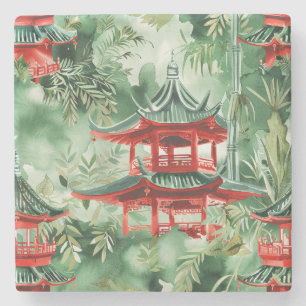 Posavasos De Piedra Pagoda asiática acuarela en paisaje verde (14)