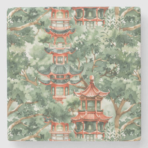 Posavasos De Piedra Pagoda asiática acuarela en paisaje verde (17)
