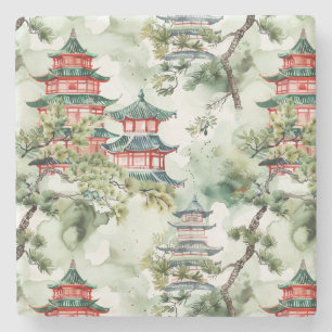 Posavasos De Piedra Pagoda asiática acuarela en paisaje verde (4)