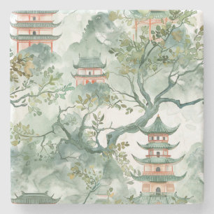 Posavasos De Piedra Pagoda asiática acuarela en paisaje verde (5)
