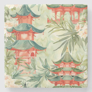 Posavasos De Piedra Pagoda asiática acuarela en paisaje verde (8)