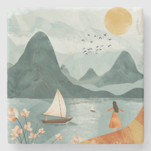 Posavasos De Piedra Paisaje abstracto de Boho (11)