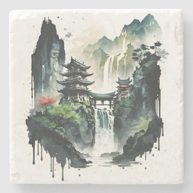 Posavasos De Piedra Paisaje antiguo de la tinta china con cascada (Anverso)