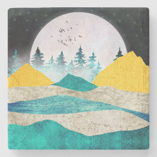 Posavasos De Piedra Paisaje con luna llena ascendente