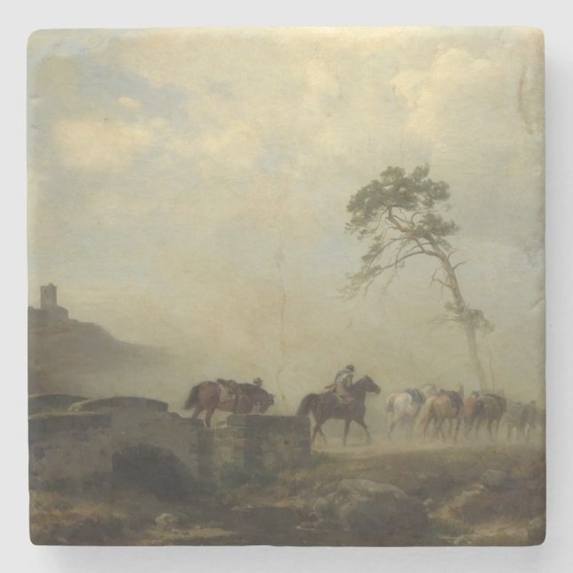 Posavasos De Piedra Paisaje con ruinas de castillo y paseos a caballo (Anverso)