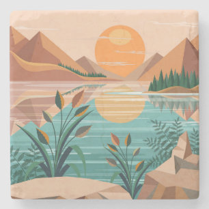 Posavasos De Piedra Paisaje de puesta de sol en un lago de montaña tra