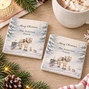 Posavasos De Piedra Paisaje invernal Bosque de nieve Fiesta de Navidad