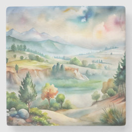 Posavasos De Piedra Paisaje montañoso acuarela