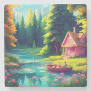 Posavasos De Piedra Paisaje natural con cabaña rosa-68486