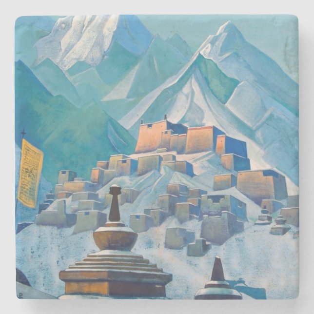 Posavasos De Piedra Paisaje tibetano en los picos de la montaña Himala (Anverso)