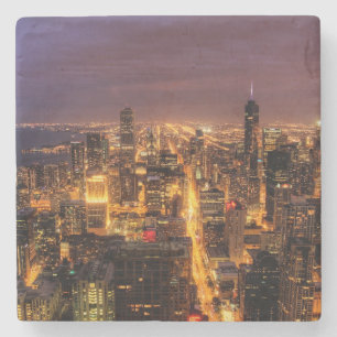 Posavasos De Piedra Paisaje urbano de la noche de Chicago