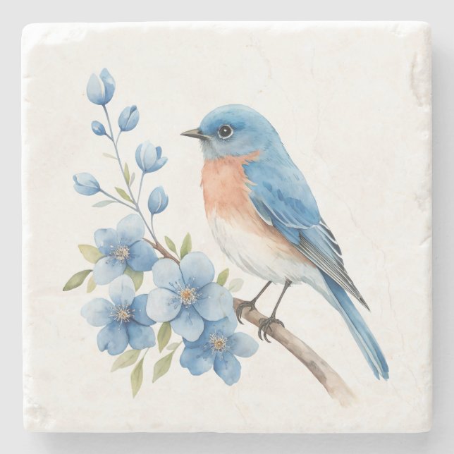 Posavasos De Piedra Pájaro azul con flores azules (Anverso)