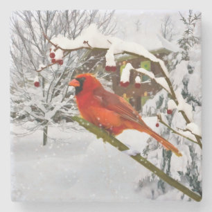 Posavasos De Piedra Pájaro cardinal en la nieve