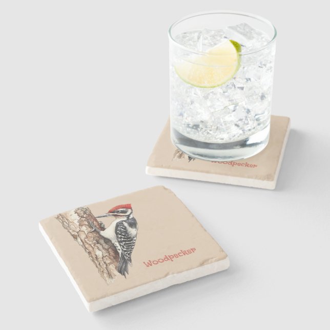 Posavasos De Piedra Pájaro Carpintero Cabeza Roja (Lateral)