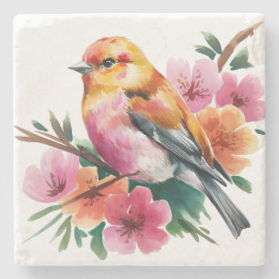 Posavasos De Piedra Pájaro de Flor Rosa