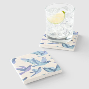 Posavasos De Piedra Pájaros Azules Volando Pintura Moderna en Acuare
