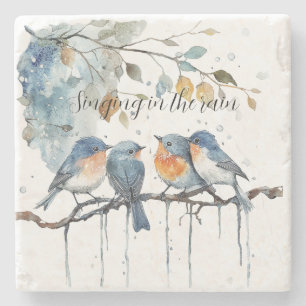 Posavasos De Piedra Pájaros Naranja Azules Cantando en la Lluvia