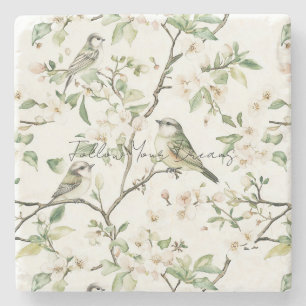 Posavasos De Piedra Pájaros Verdes Flores Blancas Árbol