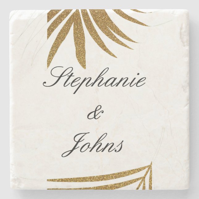 Posavasos De Piedra Palm Leaf Gold Purpurina Personalizado Pareja Nomb (Anverso)