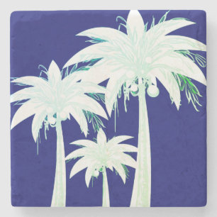 Posavasos De Piedra Palm Tree Naval Azul Verano Verde Tropical