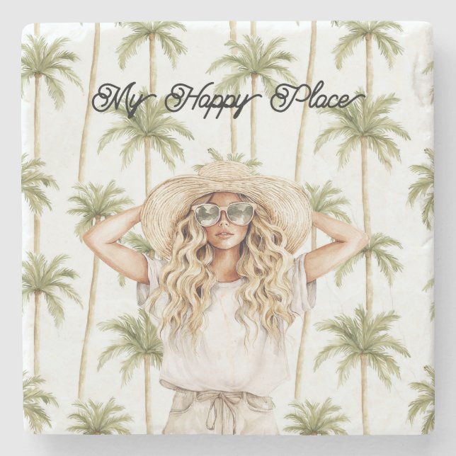 Posavasos De Piedra Palm Trees Happy Place Blond Lady Hat (Anverso)