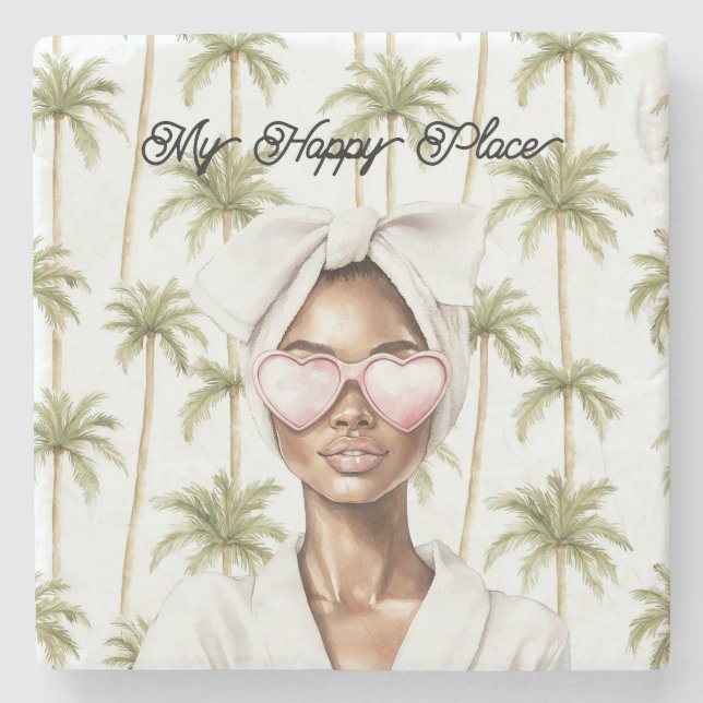 Posavasos De Piedra Palm Trees Happy Place Heart Glasses Black Lady (Anverso)
