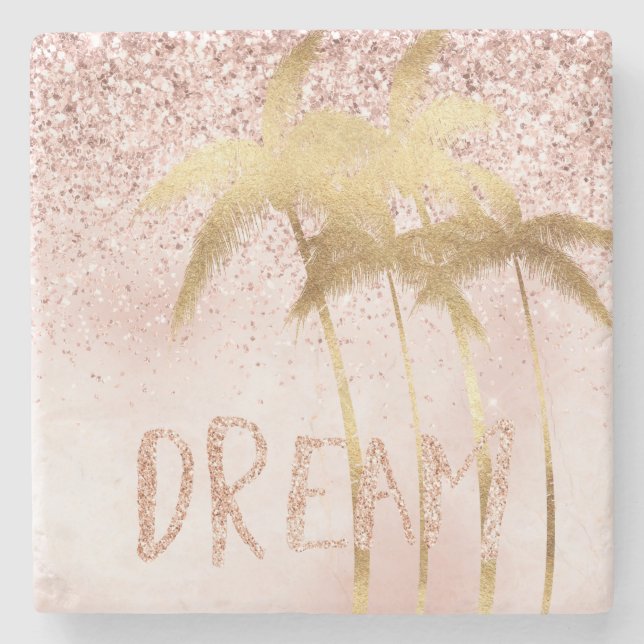 Posavasos De Piedra Palm Trees Oro Ombre Rosa Purpurina Sueño (Anverso)